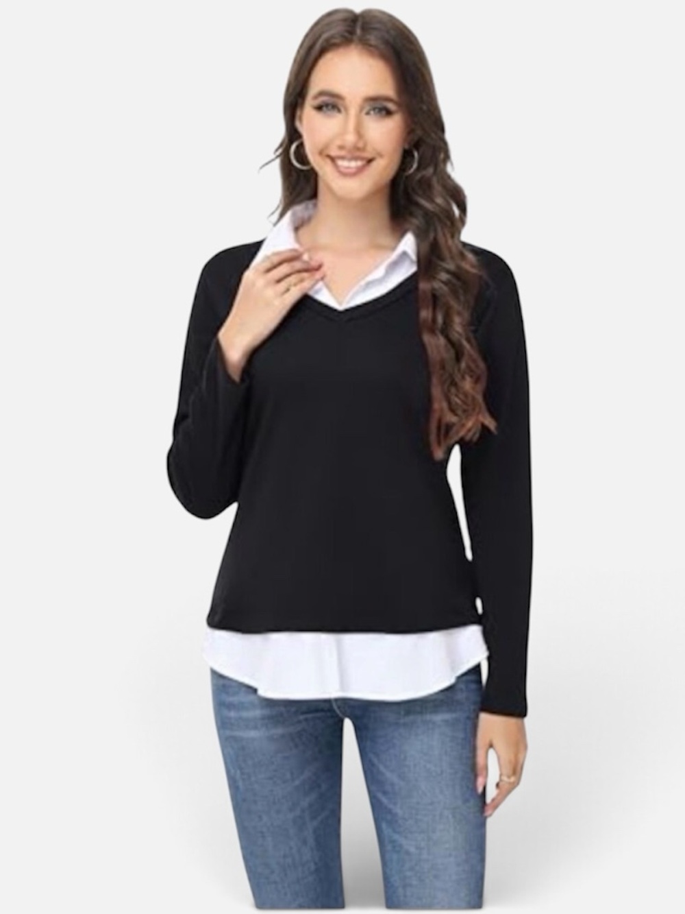 Cable & Gauge Layered V-Neck Knit Sweater in Black w/White Collar Size Med